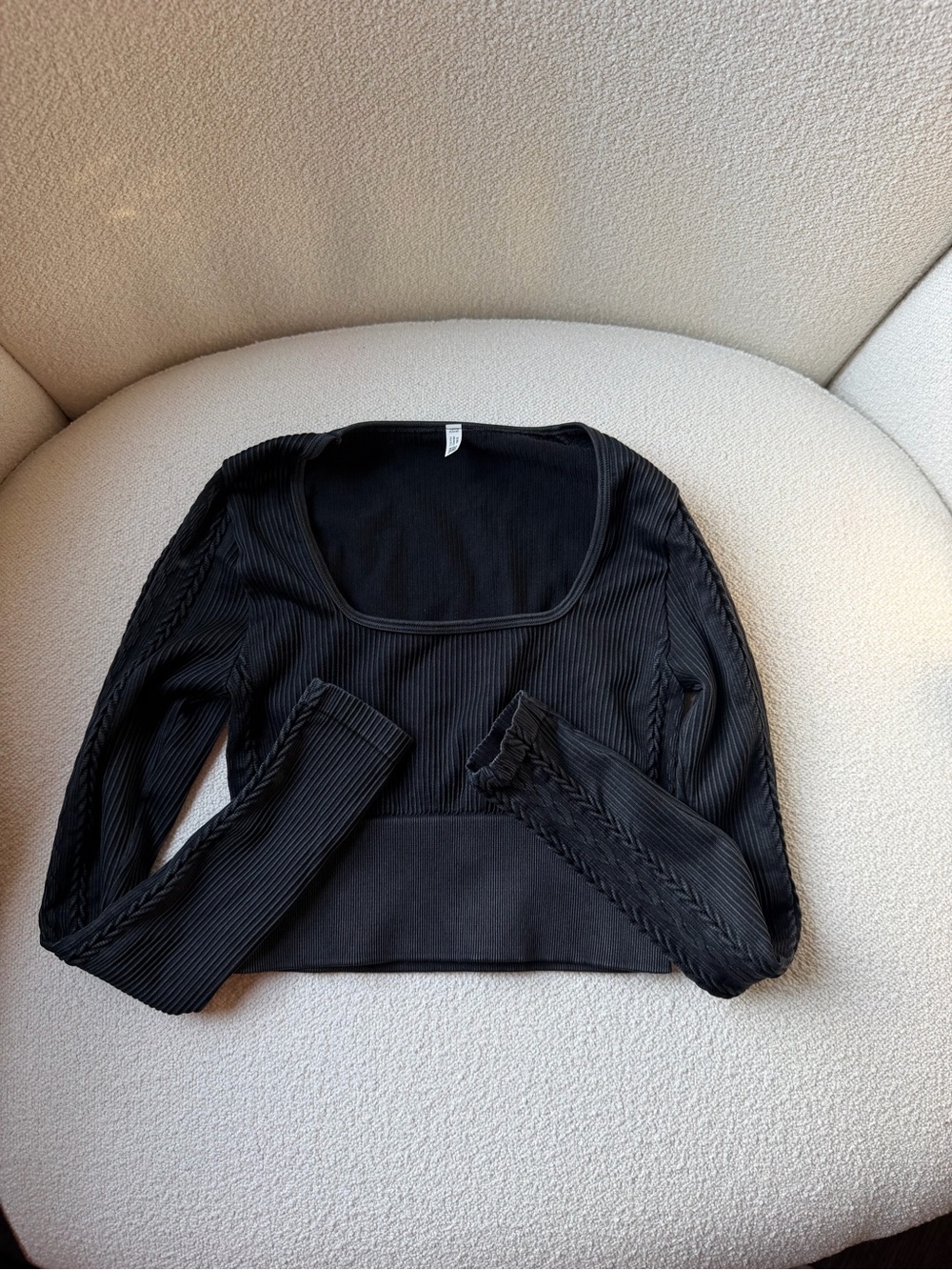 aerie Black Ribbed Scoop-Neck Long Sleeve Crop Top
